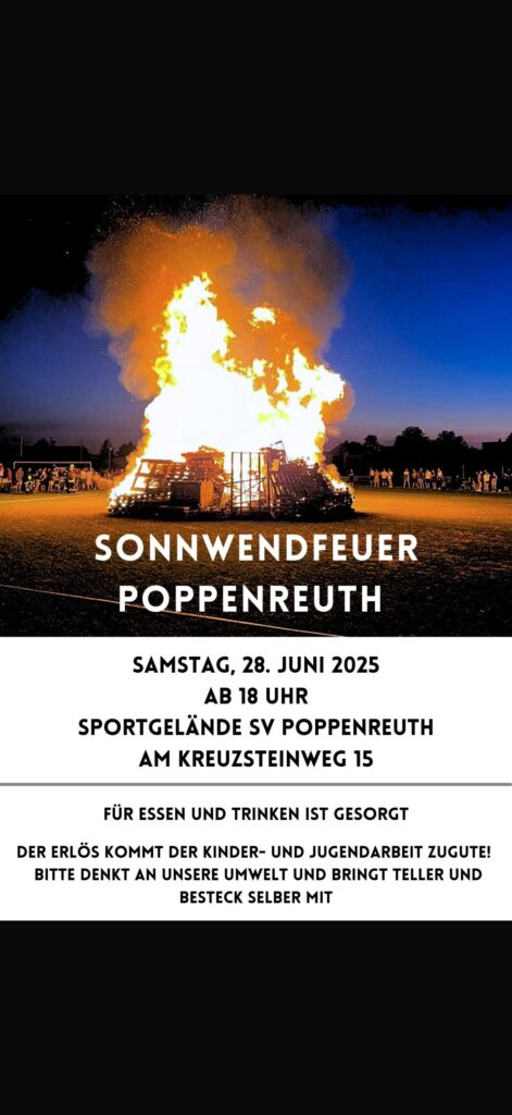 Das Bild lädt ein zum Sonnenwendfeuer auf dem Sportgelände des SVPoppenreuth